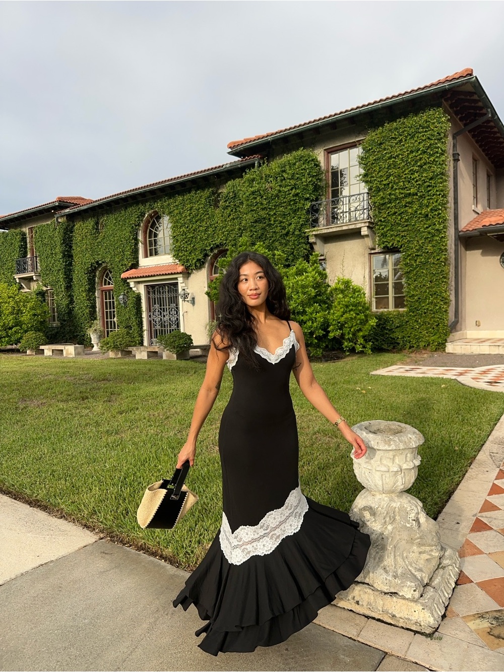 Meshki Black Maxi Slip Dress with White Lace Panels
